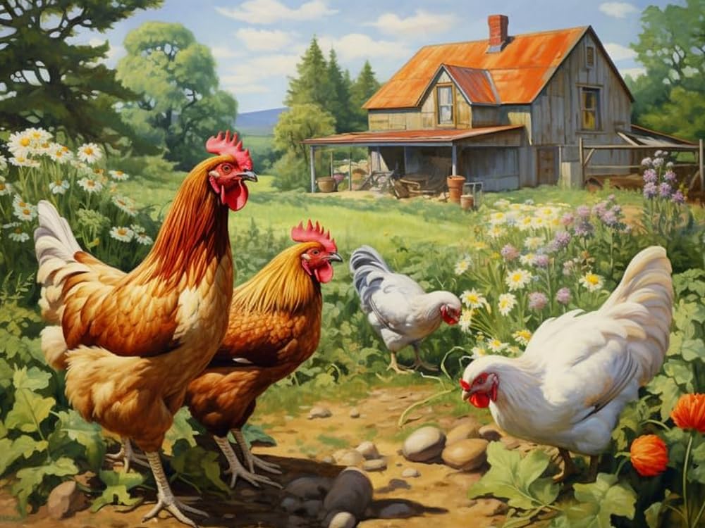 Weiniuniu Cross Stitch Kits Chickens in the Vegetable Garden 11CT Adults Beginners Pattern Pre-Printed Fabric DIY Stamped Embroidery Kit Wall Art Decor-40X50 cm