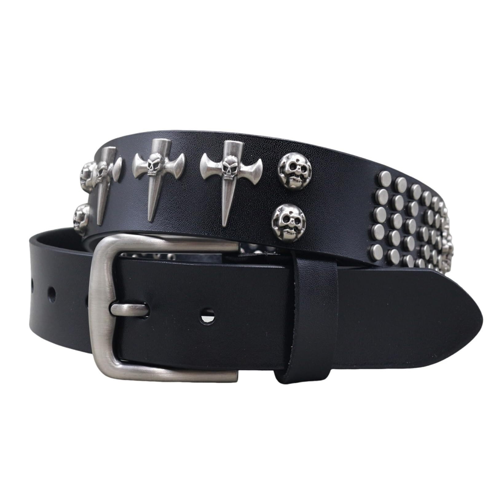 FIDDAA Punk Rock Cross Studded Belt for Women Men Skull Rivet in Circular Arrangement Handcrafted Cowhide Leather Strap(105cm/41)