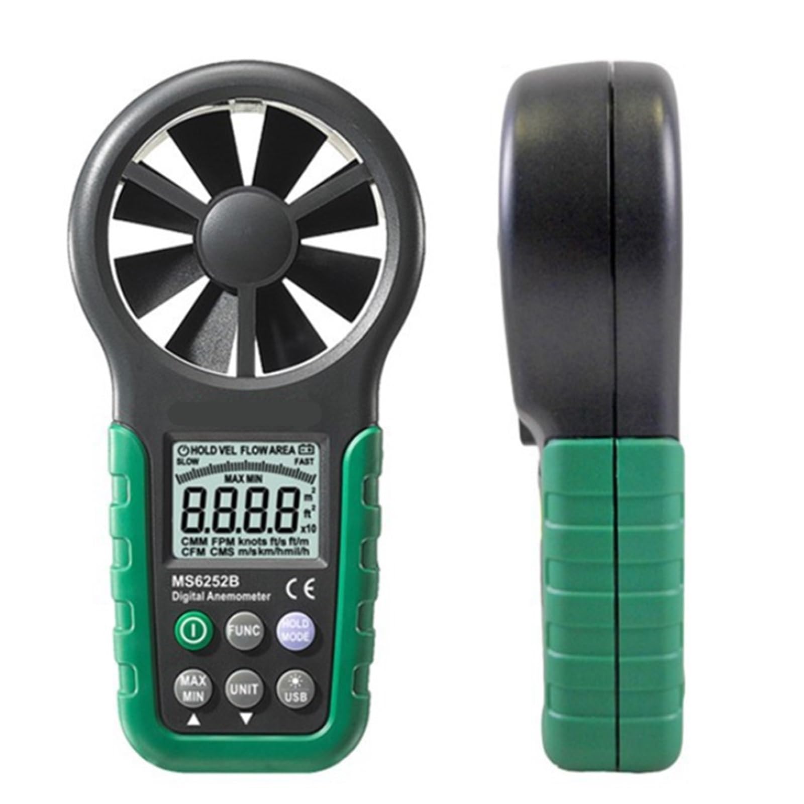 Anemómetro, Anemómetro digital LCD electrónico, medidor de velocidad del viento y volumen de aire con pantalla de temperatura y humedad.