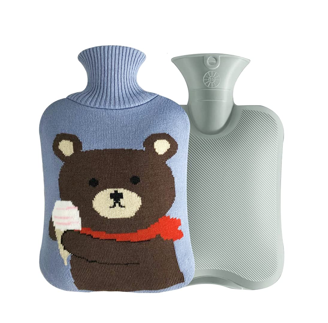 OliviaLivingHot Water Bag Hot Water Bottle 2 Liter Heat Up and Refreezable Hot Cold Pack with Knit Cover for Pain Relief Hot Cold Therapy, Cartoon Bear