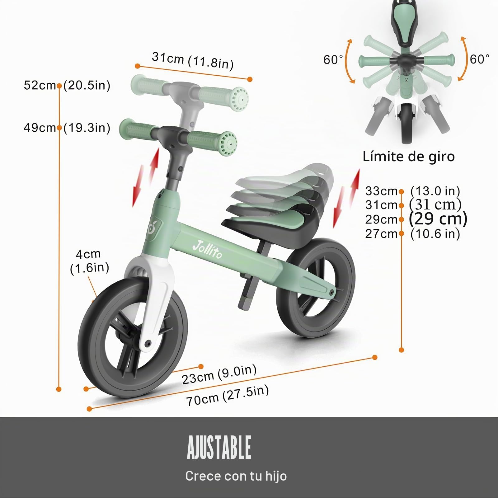JOLLITO Bicicleta de Equilibrio para niños pequeños, Juguetes de Paseo para 18 Meses, Bicicleta de Entrenamiento Ligera sin Pedales con Rueda de 9 Pulgadas y Marco de Aluminio