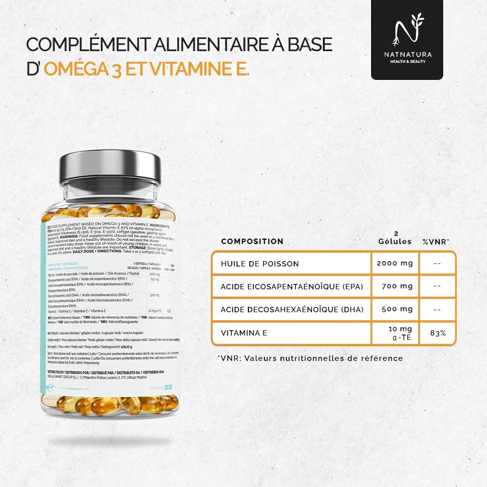 Oméga 3 concentration maximale EPA - DHA. Acides gras oméga 3 (2 000 mg) + vitamine E à base d'huile de poisson sauvage. 120 perles molles