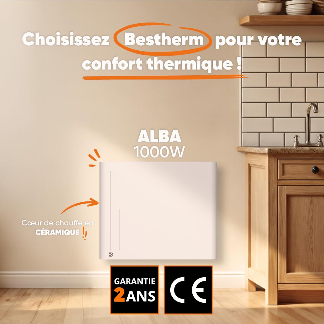 BESTHERM - Radiateur électrique fixe à inertie sèche céramique 1000W Bestherm ALBA horizontal blanc
