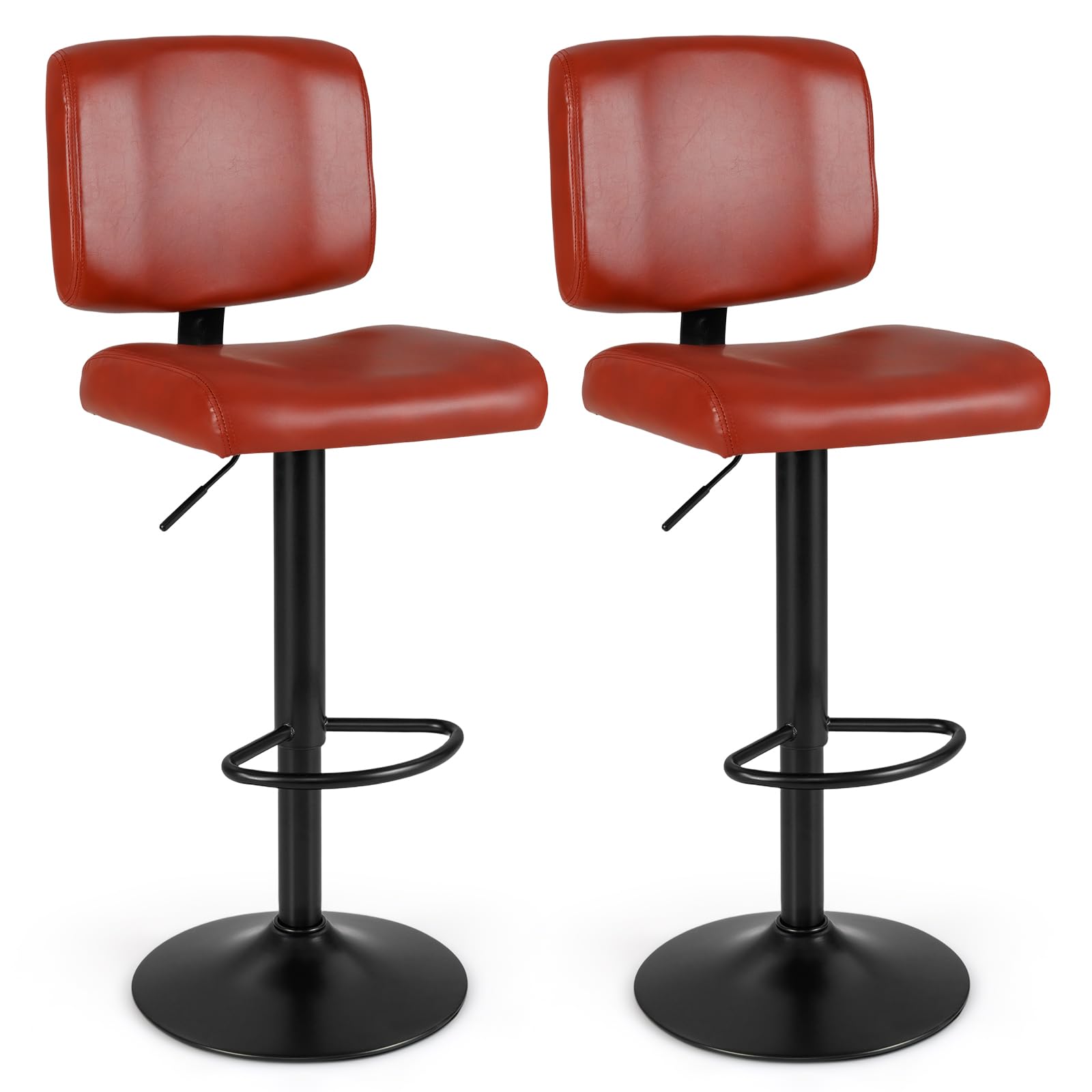 COSTWAY Juego de 2 Taburetes Altos, Sillas de Bar Giratorias Ergonómicas con Altura Ajustable y Asiento Acolchado de PU, Taburetes de Bar Tapizados Modernos con Reposapiés para Isla de Cocina, Rojo