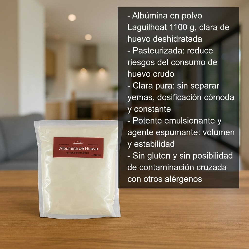 Albúmina de Huevo en Polvo Pasteurizada 1,1 kg Sin Gluten Clara deshidratada para merengue, macarons, espumas, helados y repostería profesional