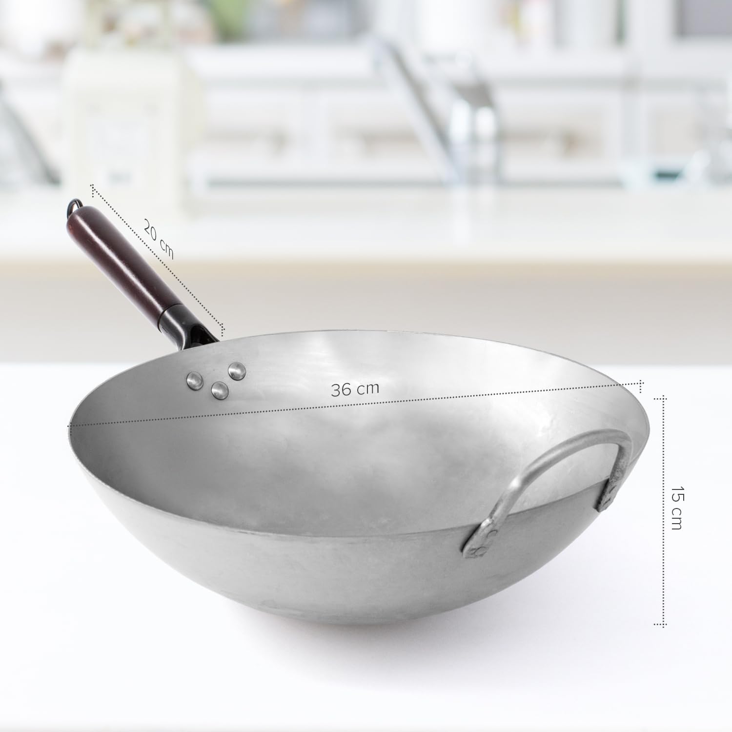 joejis wok en acier au carbone 35 cm – fond rond – poignée en bois amovible – style traditionnel martelé à la main – poêle à frire chinoise robuste