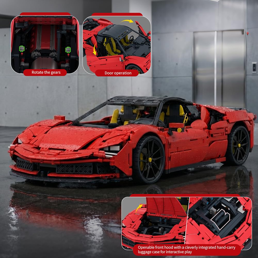 Set di mattoncini da costruzione di auto sportive rosse, modellino auto MOC, scala 1:8, grande regalo per adulti da collezionare ed esporre.
