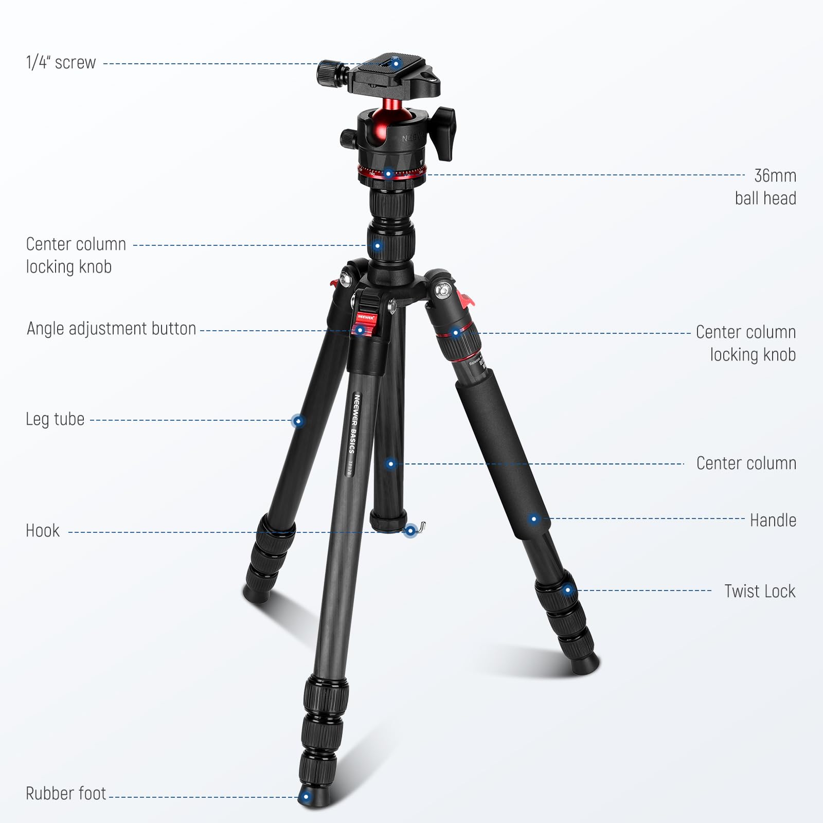 NEEWER BASICS Statyw podróżny z włókna węglowego, 162.6 cm, kompaktowy, lekki, przenośny, na aparat, stojak na telefon komórkowy, kompatybilny z nagrywaniem wideo iPhone'a, głowica kulowa typu Arca