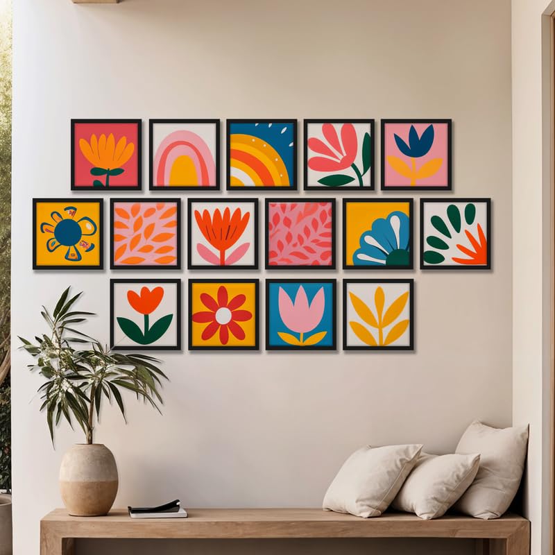 Image of NoWorries Colorful Floral Wall Painting Set of 15 with Frame | Modern Abstract Flower, Rainbow, Leaf & Botanical Artwork | Kids Room, Living Room, Bedroom Office and Home Decoration Wall Decor (Art-2, Frame Size-10x10 inches)