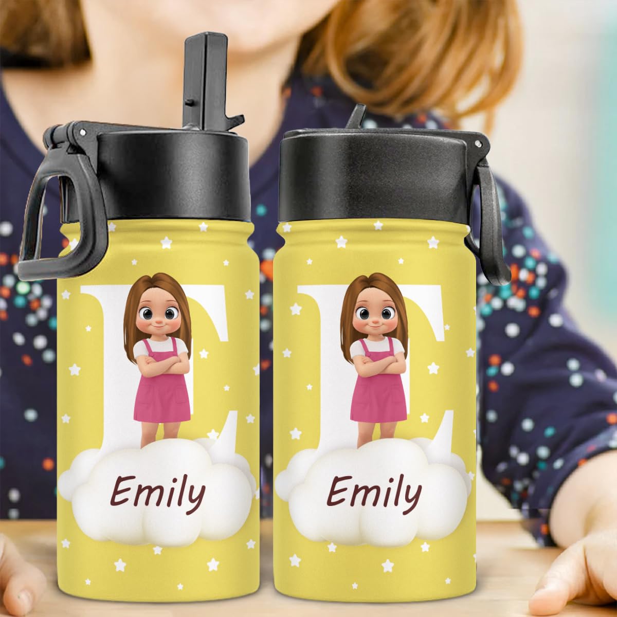 Wrappiness Back To School Gift For Kids - Personalized Gift for School, Sports, and Playtime, Custom Kids Water Bottle With Straw, Personalized 12oz Stainless Steel Bottle (Cute Kid With Cloudy)