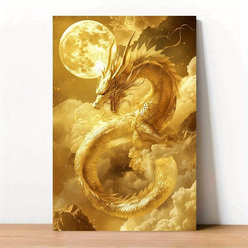 Tableau sur toile dragon doré au design élégant encadré