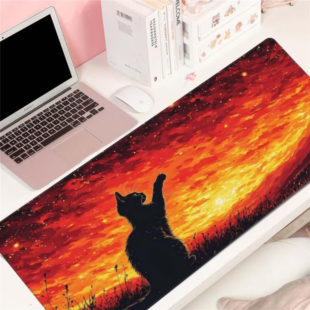 Alfombrilla de ratón 1400x600x3 MM, Alfombrilla Ratón XXL Extendida de Gran Tamaño con Bordes Cosidos, Resiste Salpicaduras, Base de Goma Antideslizante y Almohadilla para Teclado, Sunset CAT S-8333