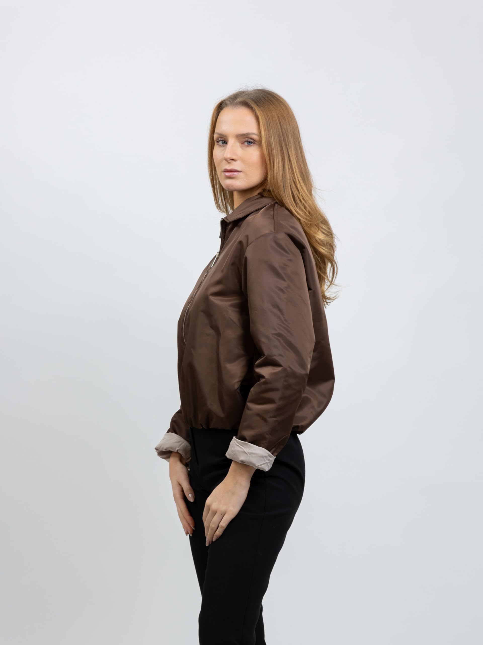Blouson Bomber Femme avec Fermeture Zip, Col à Revers, Poignets et Bas Élastiques, Doublure Contrastée