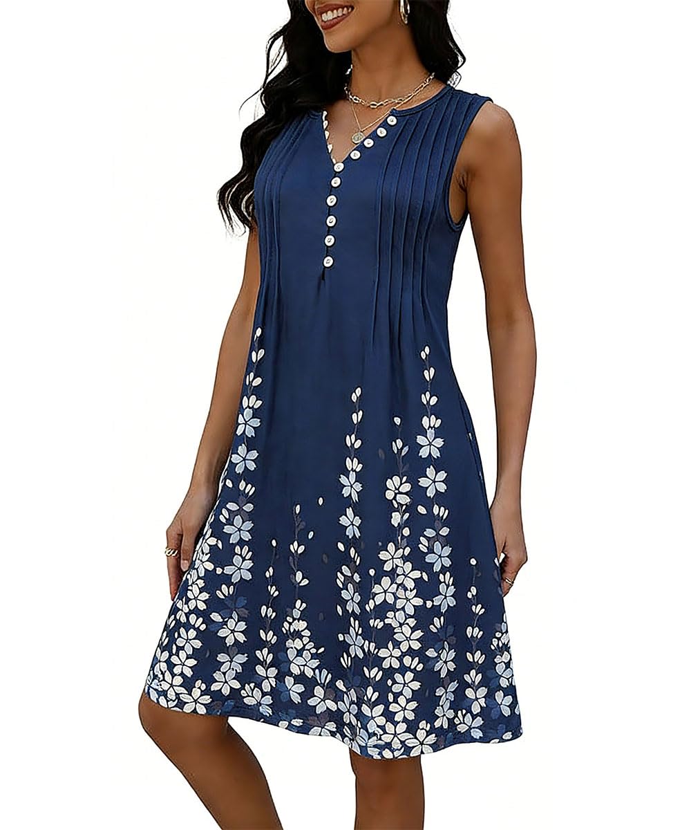 Robe Été Femme de Plage Bohème Rétro Robes Col V Robes au Genou sans Manches Imprimé Floral Casual Tuniques Ample(Multicolore,S-XXL)