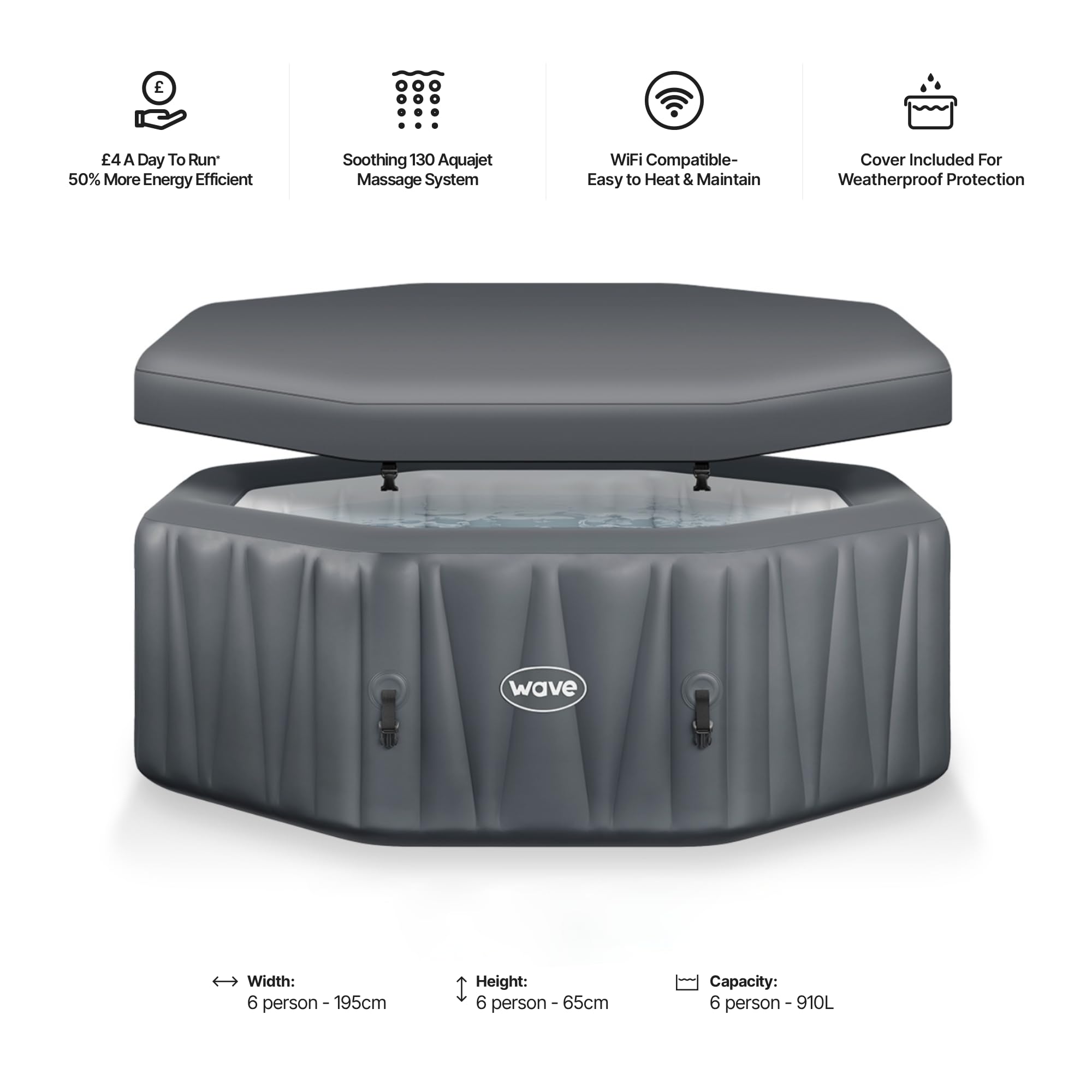 SPA Inflable Wave | Calentador ecológico Integrado | Sistema de Masaje Aquajet | Protección anticongelante | Configuración rápida de 15 Minutos (Aegean, 6 Personas | Gris Oscuro)