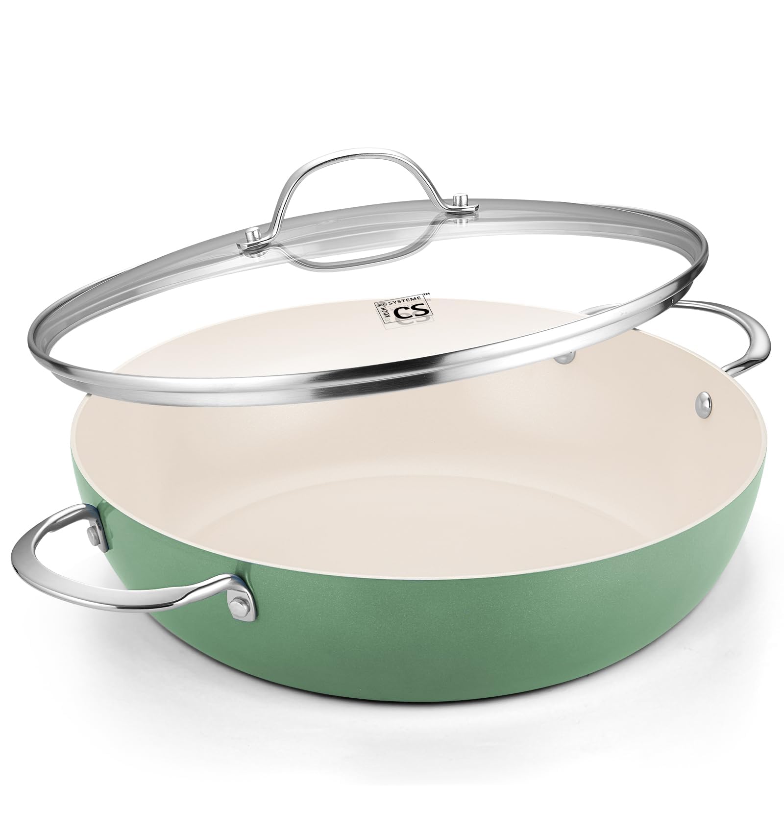 KOCH SYSTEME CS Saute Pan with Lid, 12 Inch Nonstick Saute Pan with PFOA-Free Ceramic Coating, 6QT Deep Frying Pan Nonstick, Large Deep Pan with Lid, Oven Safe, Induction Compatible, Sage Green