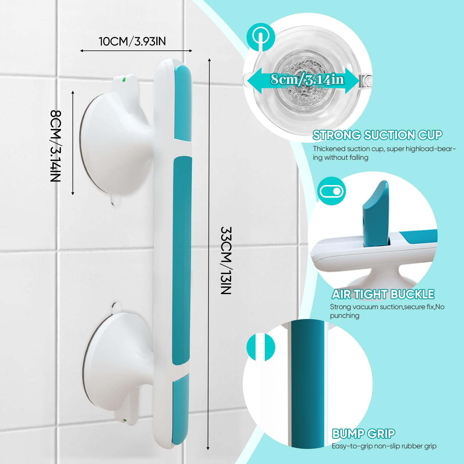 Maniglia Doccia per Anziani con Ventosa, Blu | Max 110 kg, Per Disabili, Senza Foratura, Handy Grasp Pro