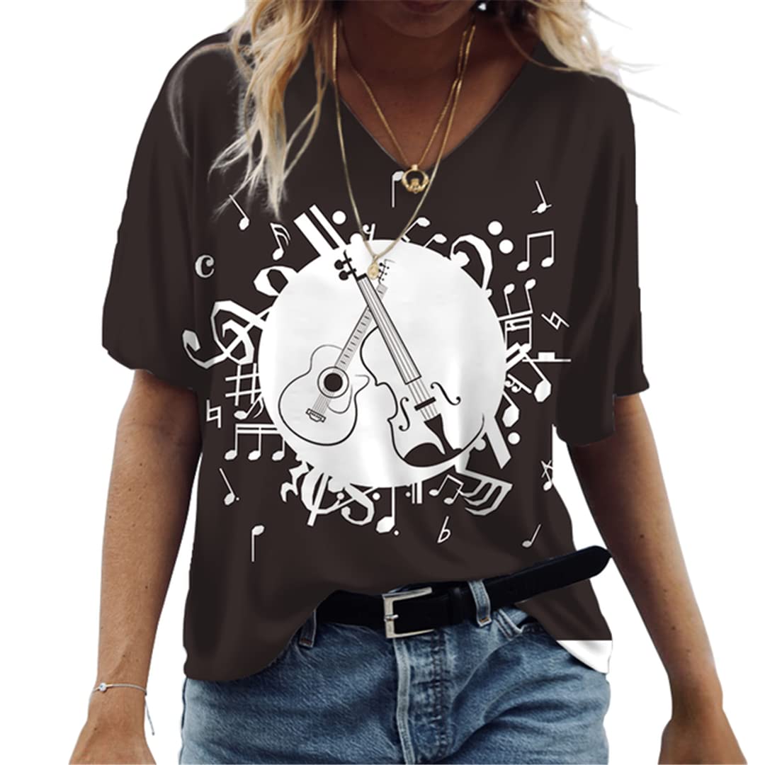 Women 3D Tie-Dye Print T-Shirts Musical Note Pattern Short Sleeve V-Neck Loose Oversized Tee