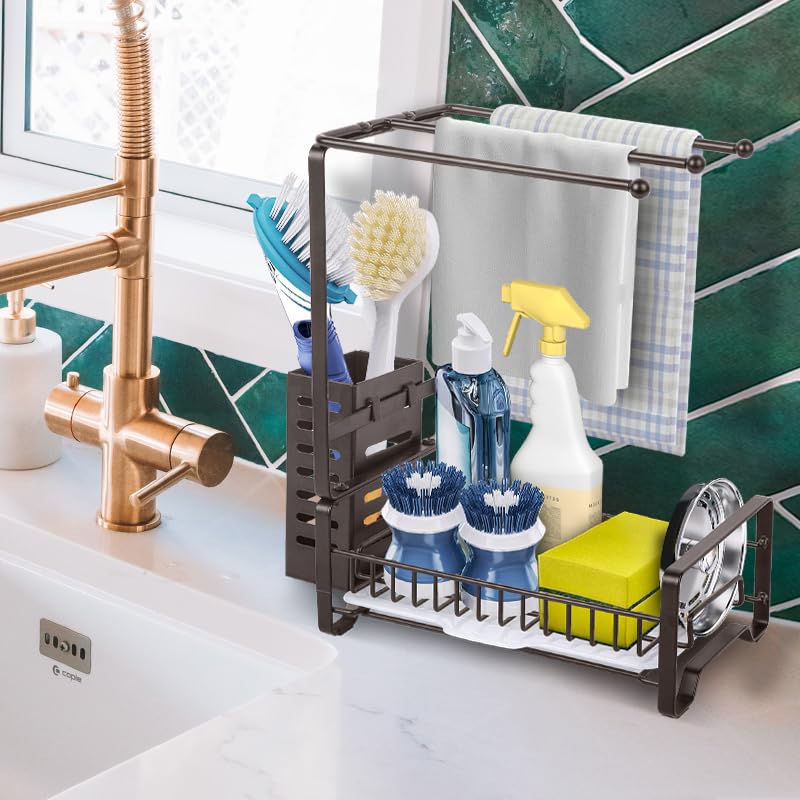 Produktbild von Kitsure Schwammhalter Spülbecken – Platzsparender Küchenspülen-Caddy Mit Drehbarem Wasserauslass, Sink Organizer Aus Metall Mit Abnehmbarem Bürstenhalter, 17,8 X 9,9 X 13,5 Cm, Schwarz