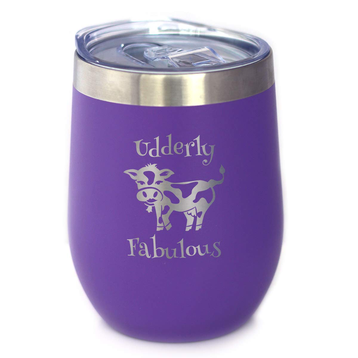 Udderly Fabulous - Cow Wine Tumbler with Sliding Lid - Stemless Stainless Steel Insulated Cup - Funny Outdoor Camping Mug - Purple