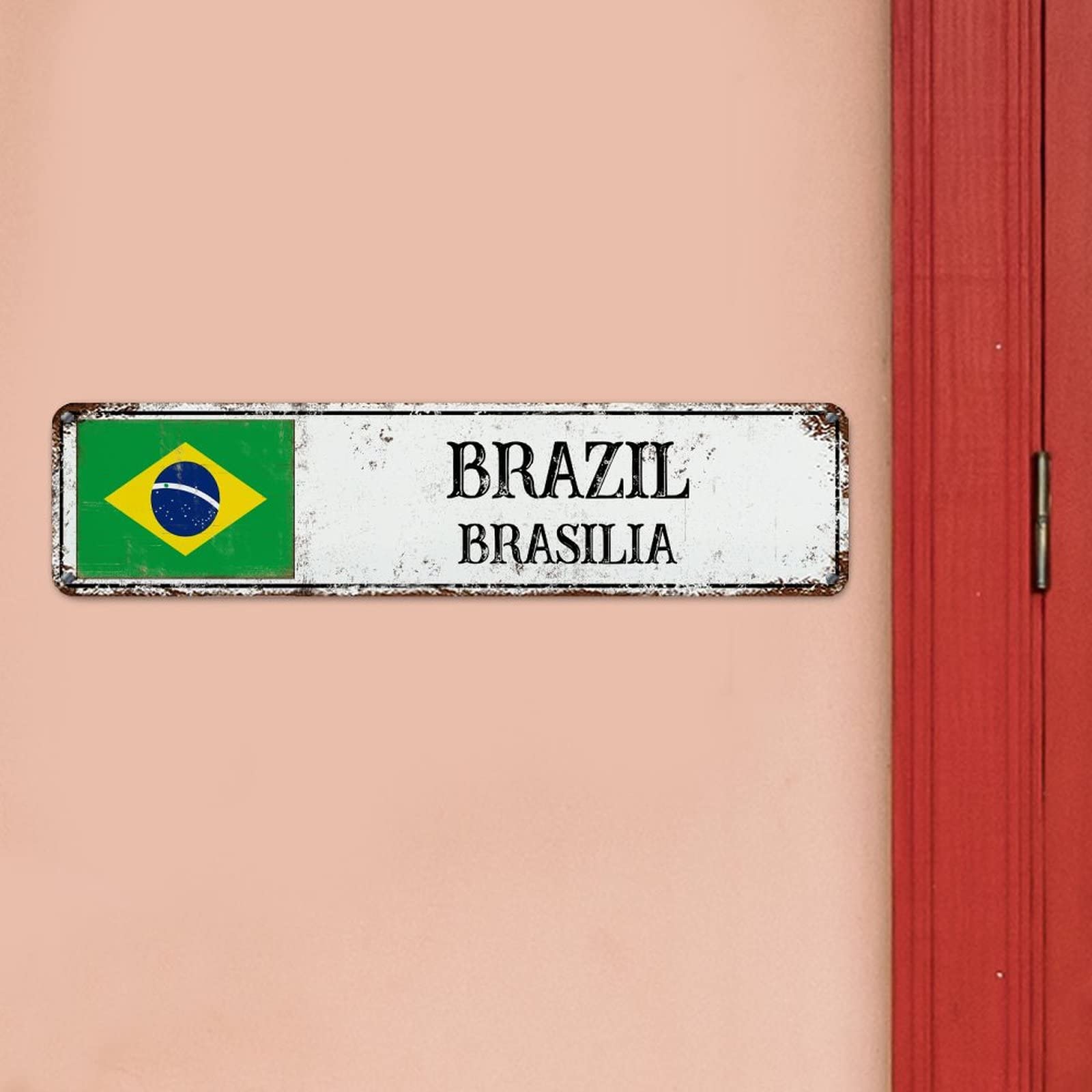 Targa In Metallo Brasile Vintage Da Viaggio In Latta Decorazione