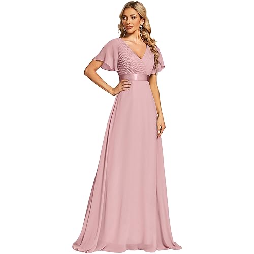 Ever-Pretty Women's Classic Chiffon Short Sleeve Pleated V-Neck Floor Length Bridesmaid Dresses 09890