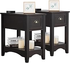 KOTEK End Table with Drawer and Open Shelf, Retro Narrow Side Table Nightstand w/Solid Wood Legs, Slim End Table for Small Space, Living Room, Bedroom, Home Office (Set of 2, Espresso)