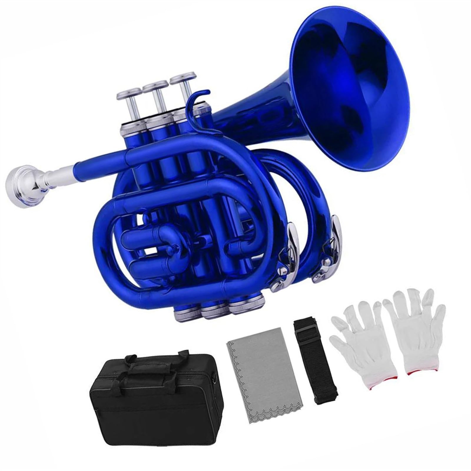 Standard Trąbka Mini Kieszonkowa Trąbka Bb Brass Instrument Rękawice Przenośna Trąbka Profesjonalna(Blue)