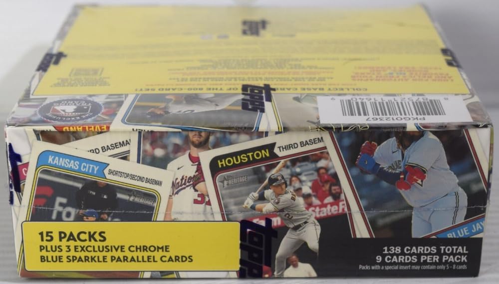 2023 Topps Heritage MLB Baseball Factory Sealed Mega Box 138 Cards. 15 Packs plus 3 Exclusive Chrome Blue Sparkle Parallel Cards. Chase 1974 Baseball Stamps, Hidden Gems, Real One Autographs and relics of a generational rookie class. See Scans for more info on this great product.