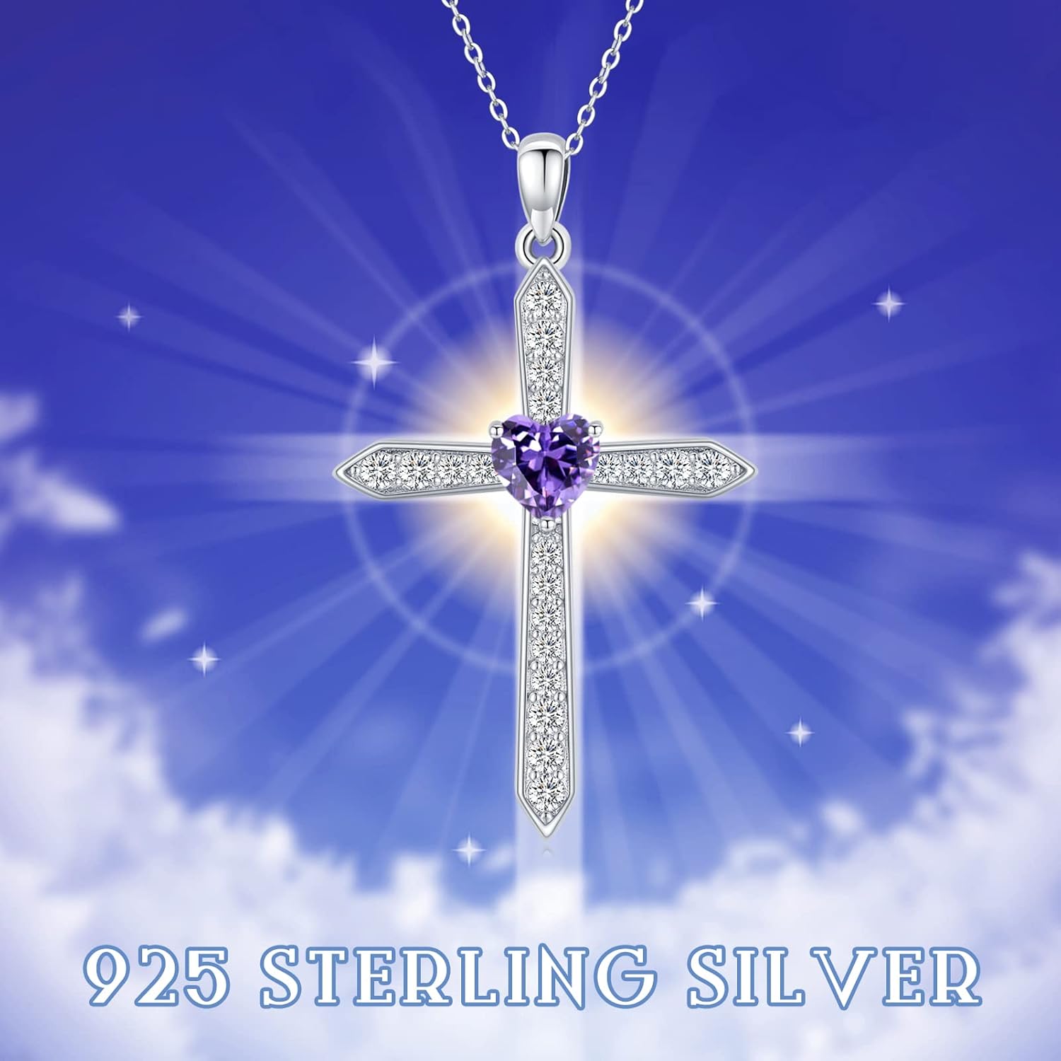 Cross Birthstone Necklace for Women Sterling Silver February Birthstone Necklace Pendant with CZ Purple Heart Necklace Crucifix Jewelry Gift for Mom Girls Halloween Christmas - Image 7