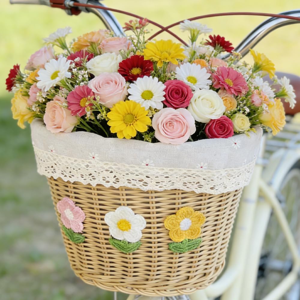 Kids Bike Basket, Handwoven Bicycle Basket with 2 Leather Straps, Lining, Three Flowers, Removable, Cute and Fun Kids' Bike Accessories, Fits Most Bicycles (Khaki Vines)