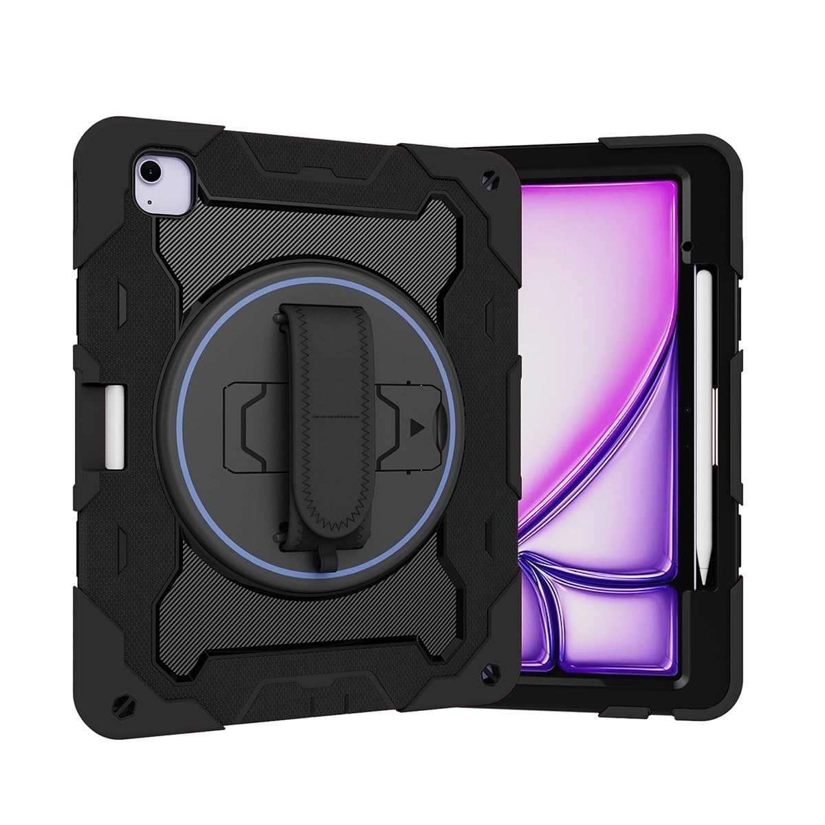 Etui dla dzieci kompatybilne z iPad Air 13 cali M3 2025/Air 13" M2 2024, wielokątowy elastyczny uchwyt + 360° regulowany obrotowy pasek na rękę, powłoka odporna pękanie, odporność upadki, ramię(Noir)