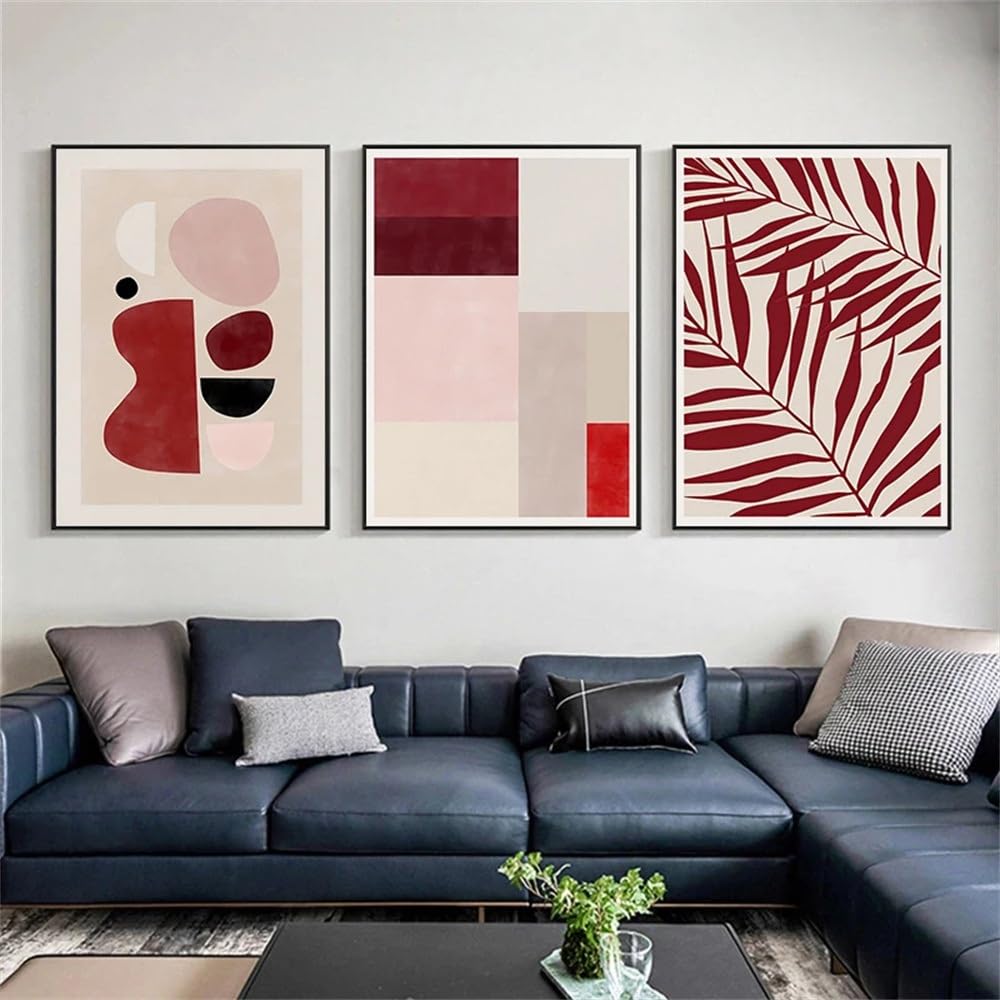 WUHBCZ Art Pictures-Nordic Abstract Red Leaves Canvas Print Art Painting Sun Landscape Line Drawing Modern Wall Pictures for Living Kitchen Room Home Decoration-40 * 60cm/3PCS (No Frame)