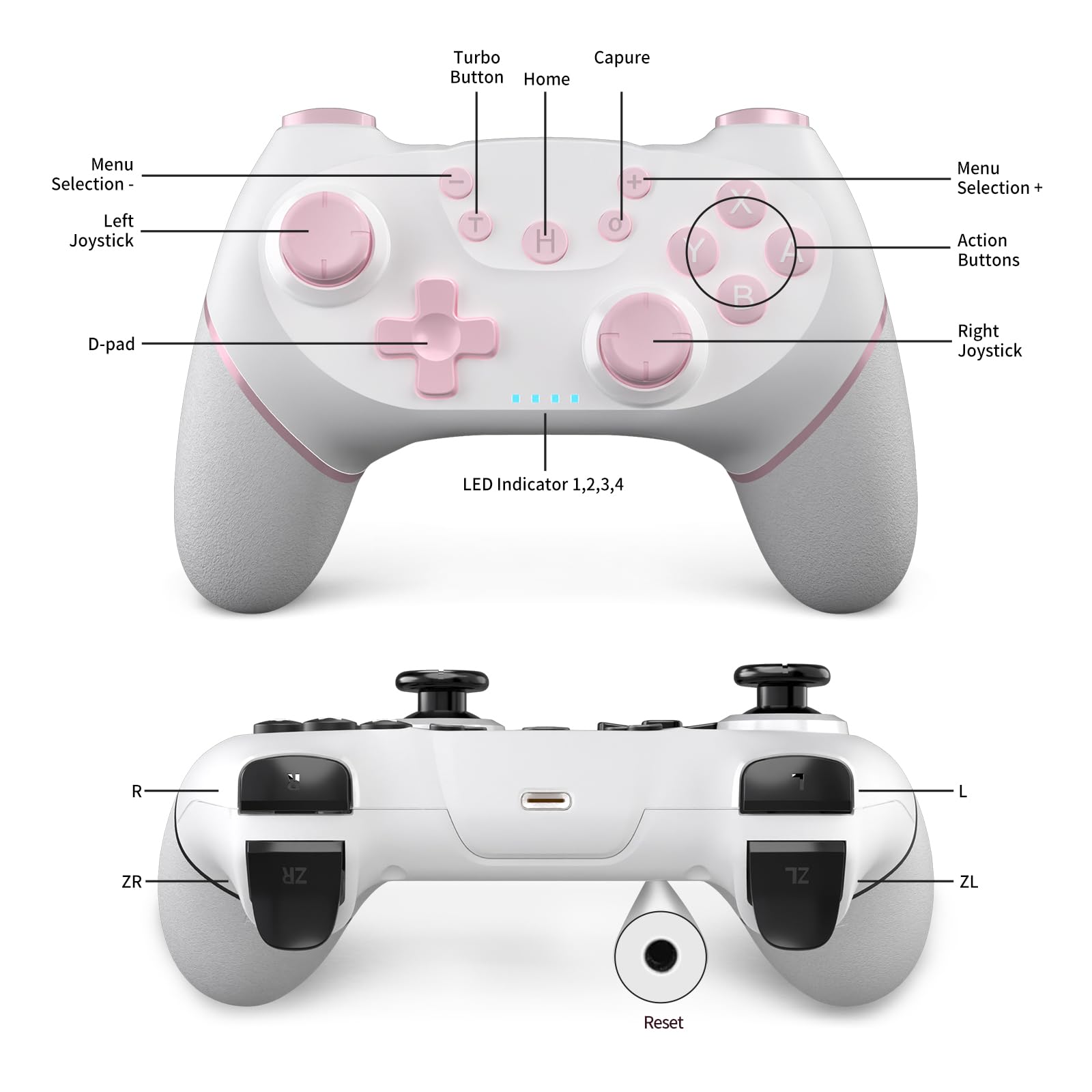 AceGamer 2pcs Mando inalámbrico para Switch 2/Switch/Lite/OLED, Mando para Switch Pro con función de despertador con un botón/vibración/turbo/pantalla(Rosa y Blanco)