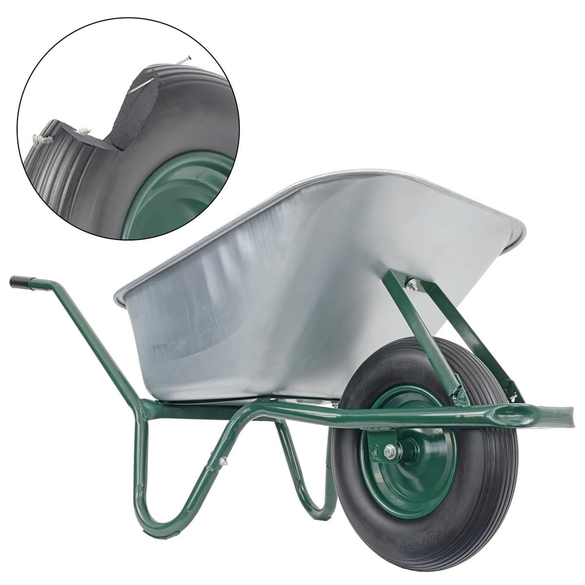 Matrix Schubkarre Profi 100l Liter 250 kg mit zusätzlichem Bodenblech pannensichers PU-Rad Schubkarren groß Garten Scheibtruhe Bauschubkarre | Mulde verzinkt | Metall Felge mit Kugellager | Farbe grün