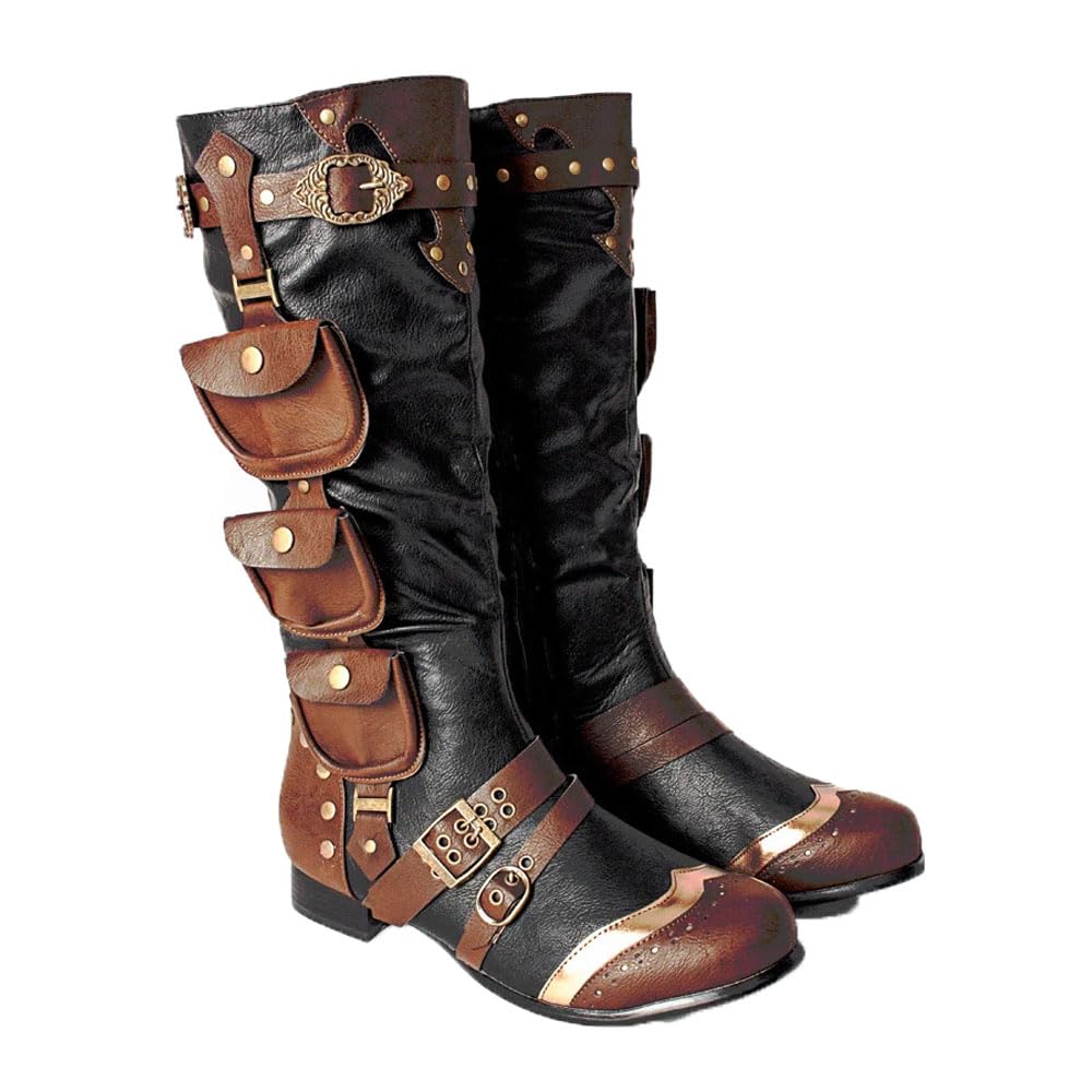 Stivali Da Cavaliere Steampunk Stivali Da Pirata Vichingo in Pelle Sintetica Con Tasca Laterale Scarpe Singole Con Cerniera Retrò per Cosplay