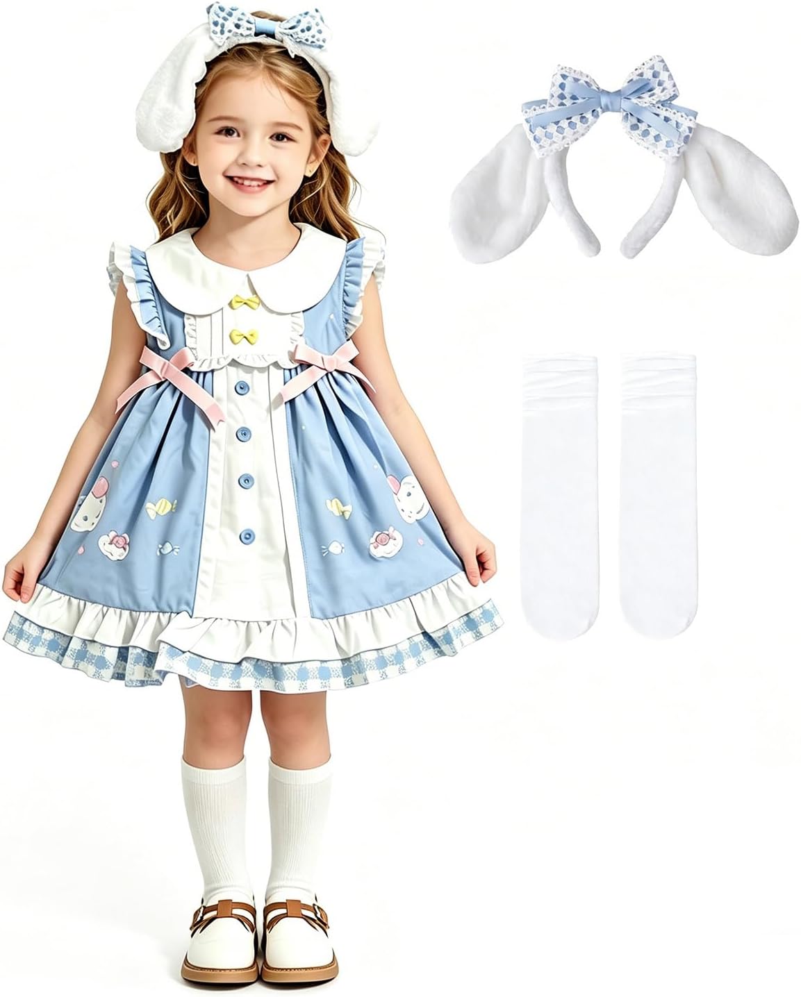 Girls Sleeveless Lolita Style Dress with Bunny Ear Headband Socks Cute Cartoon Dresses Peter Pan Collar for Kids