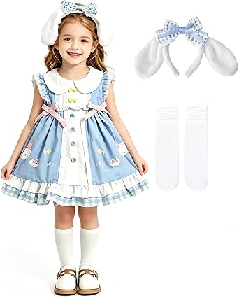 Girls Sleeveless Lolita Style Dress with Bunny Ear Headband Socks Cute Cartoon Dresses Peter Pan Collar for Kids