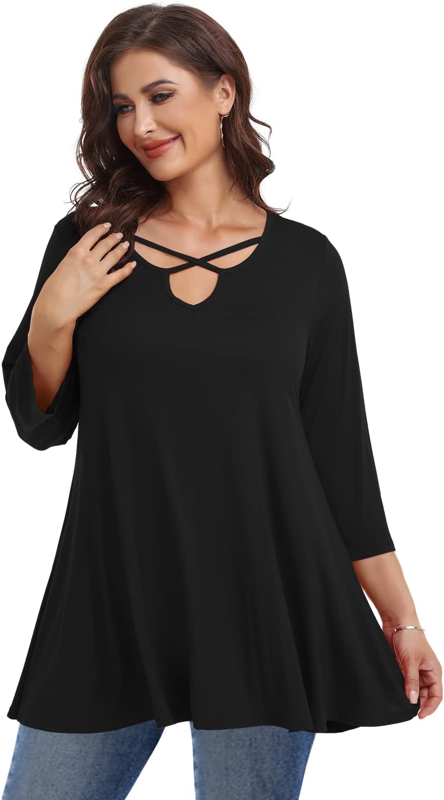 Plus Size Tops for Women V Neck 3/4 Sleeve Tunic Criss Cross Dress Shirts Casual Fall Blouse for Leggings
