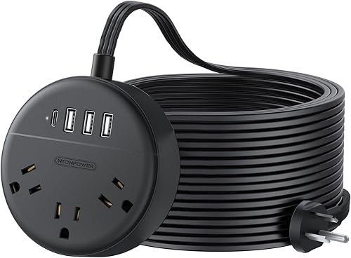 NTONPOWER - Cable de extensión de 25 pies, regleta de alimentación de enchufe plano con USB, estación de carga de escritorio de 3 tomas, 2 USB, tira
