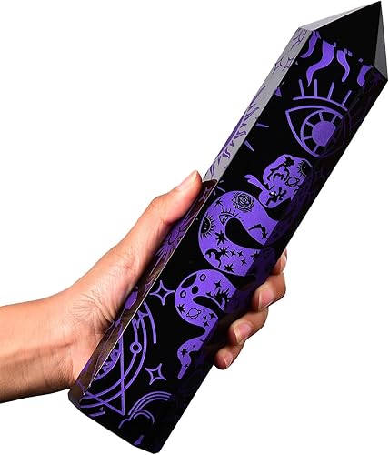 AMOYSTONE Torre de obelisco de obsidiana negra, gran punto de varita de cristal curativo, 6 facetas Reiki chakras, terapia de meditación grabada