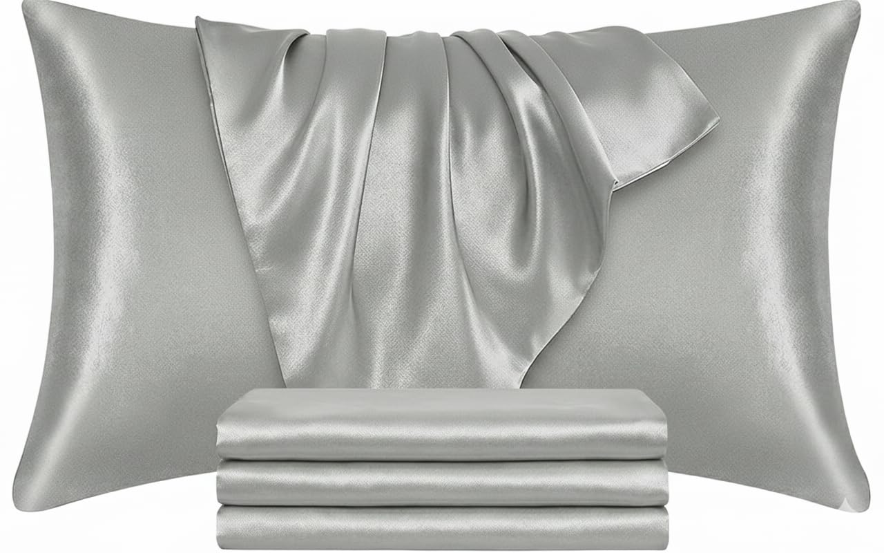 INSPIRE HOMEWARE Grey Satin Pillowcases 4 Pack for Hair and Skin, Ultra Soft as Silk Pillowcase with Envelope Closure, Hypoallergenic Pillow Covers- Best Gift for Women (50x75cm)