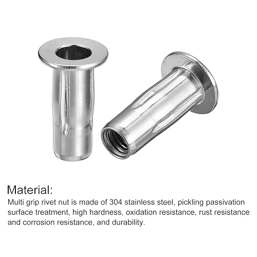 Miniatura 4 de uxcell M8 - Tuercas remachadoras de agarre múltiple, 5 piezas de vástago preabombado, cabeza plana, tuerca de inserción roscada de acero inoxidable