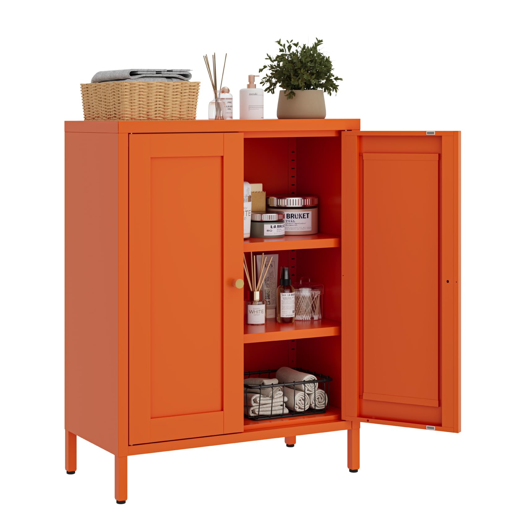 Metal Floor Storage Cabinet, Small Freestanding Sideboard Storage with 2 Adjustable Shelves for Bathroom Entryway Living Room Dining Room Coffee bar,11.8"D x 23.6"W x 31.5"H,3-Tier,Orange