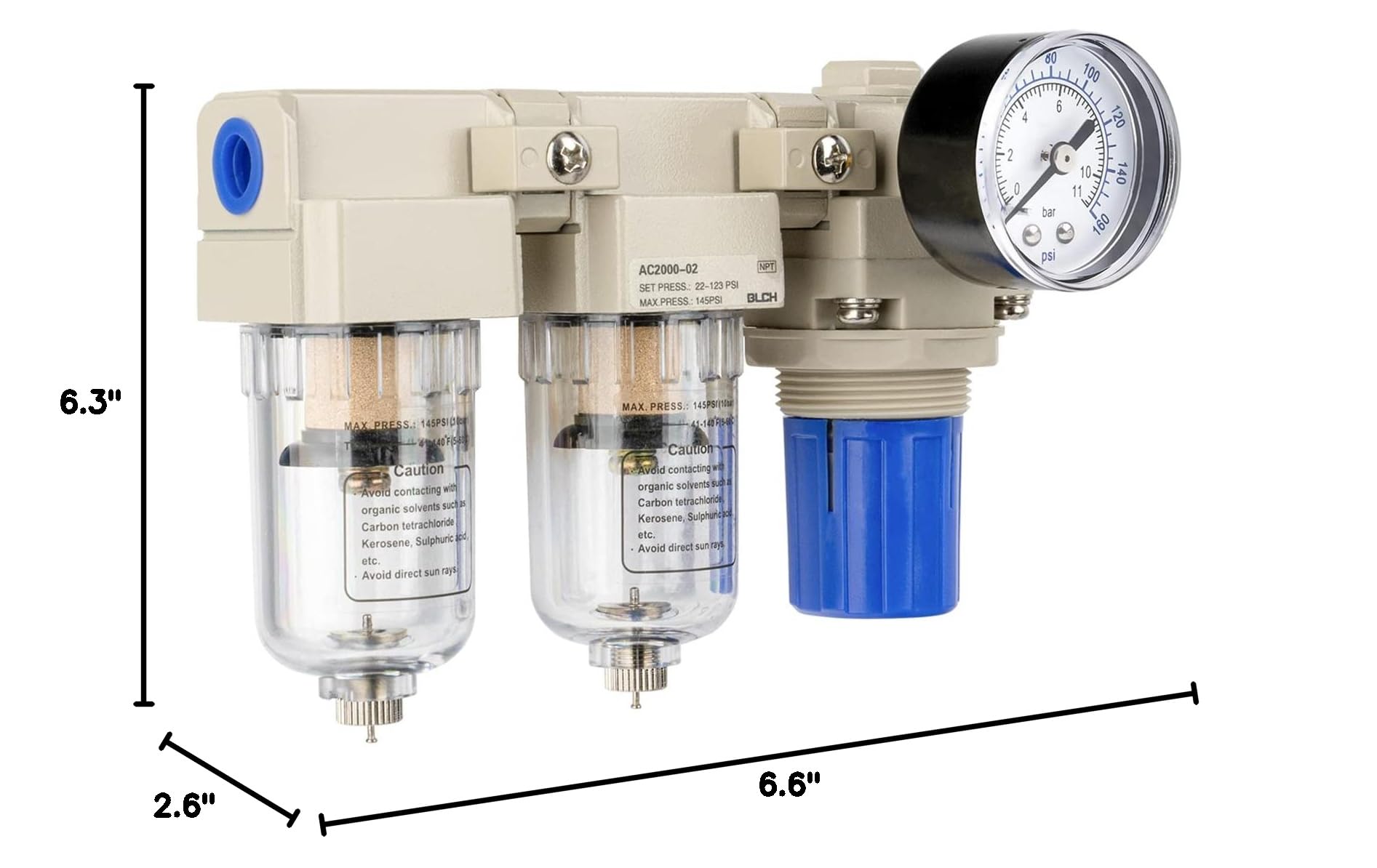 BLCH AC2000-02 1/4" NPT Air Compressor Filter Regulator, Double Air Dryer Water Separator, 5 Micron Brass Element, Manual Drain Poly Bowl, 0-145 PSI Gauge — Amazon image 9