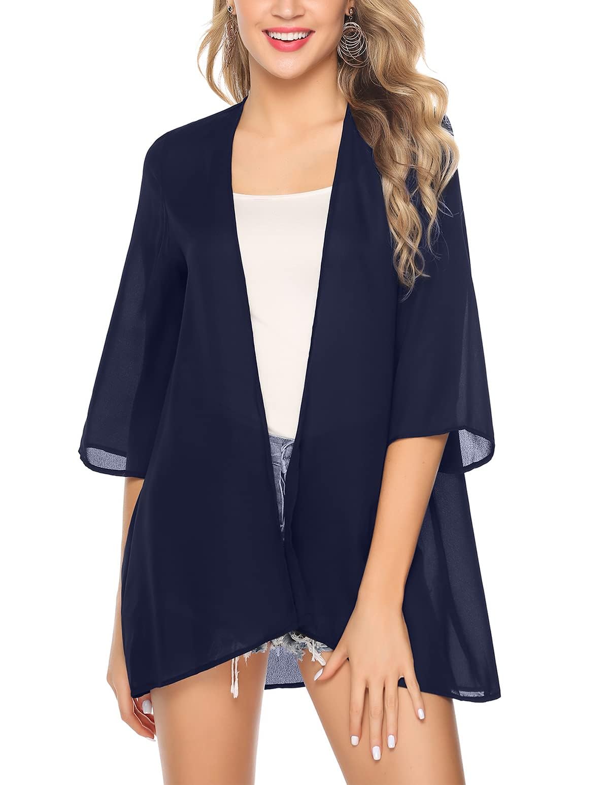 Irevial Kimono Damen Sommer Dünner Cardigan Chiffon Loose Bikini Cover Up 3/4 Arm Strand Leicht Lang Strickjack