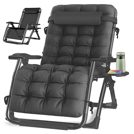 KINGBO Oversized Zero Gravity Chair, Lawn Recliner, Reclining Patio Lounger Chair, Folding Portable Chaise, with Detachable Soft Cushion, Cup Holder, Adjustable Headrest, Support 500 lbs. (32" Black)
