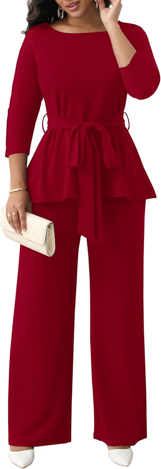 CLOCOR Women's 2 Piece Outfits Suit Set 3/4 Sleeve Peplum Top Flared Pants Sets Business Pantsuits