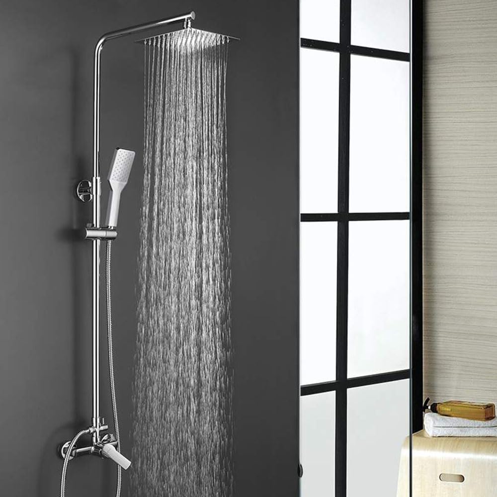 Kibath Conjunto Columna de ducha monomando SIO más Grifo de lavabo SIO, Tubo Extensible regulable en Altura de 80 a 120 cm, Cromo Brillo