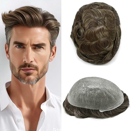 Miniatura 250 de Toupee For Men Ultra Thin Skin Human Hair Piece For Men Toupee V-loop Natural Looking Hair Replacement System Hairpiece 8x10#210#2 DARKEST BROWN+10%